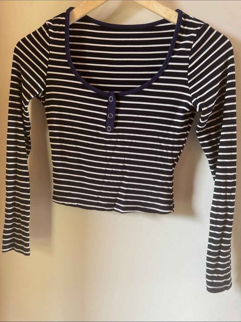 Striped Navy & White Long-Sleeve Ribbed Crop Top